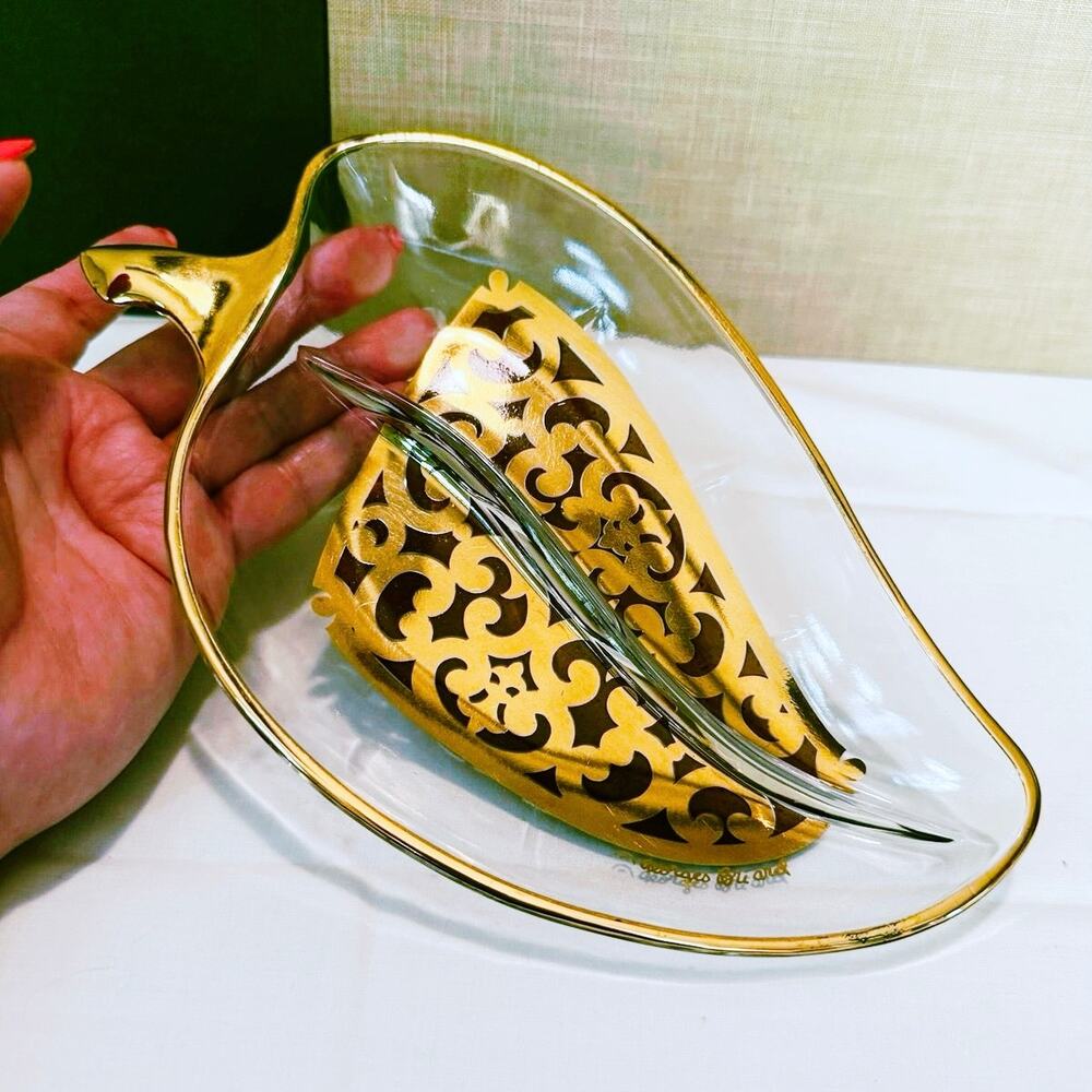 Georges Briard Signed Leaf Dish – Gold Rim & Handle – 9.25” MCM Glass – Divided